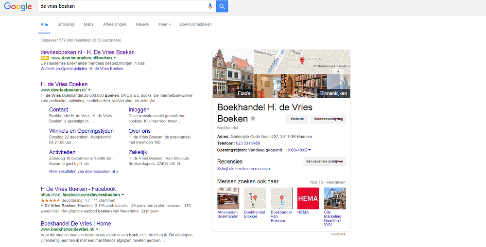 Vermelding De Vries Boeken Haarlem op Google